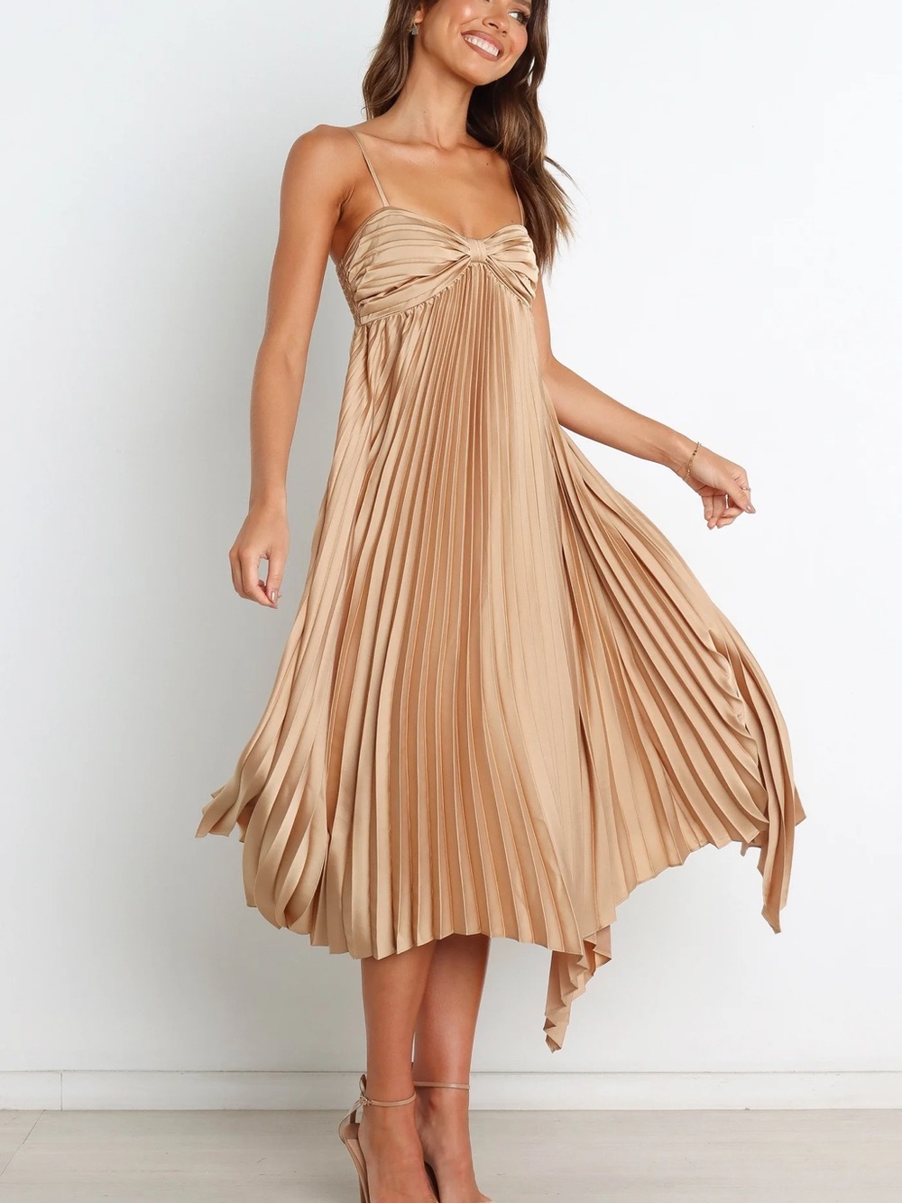 NWT Petal and Pup Vikki Dress Gold Pleated Satin Midi Formal Size 4